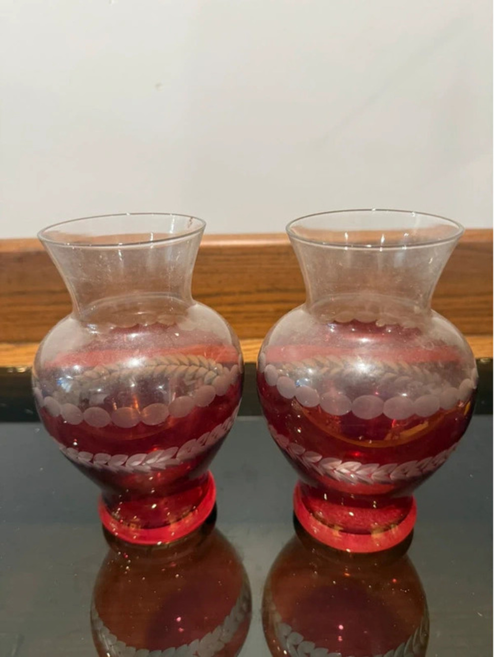 Pair of Vintage Ruby Red Flashed Glass Vases with Etched Leaf Design